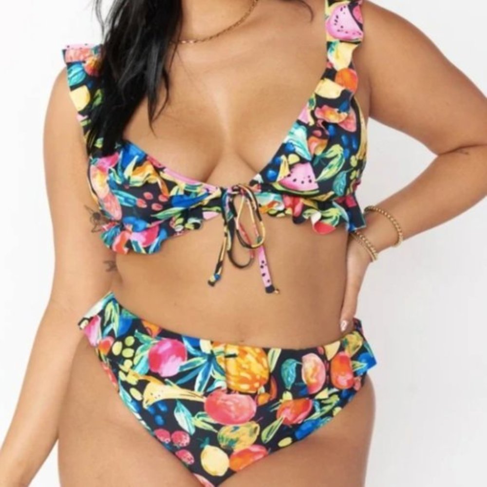 Show Me Your MuMu Tropical Fruit Ruffle Bikini - Black Multi